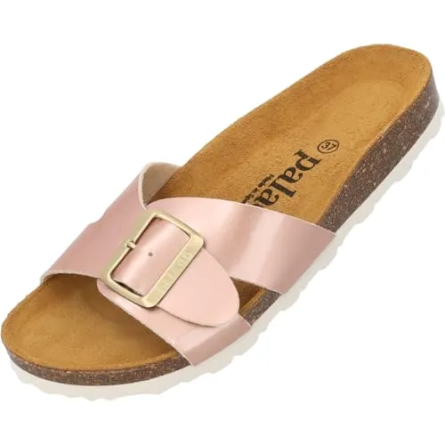 Palado Pantoletten Damen Tinos - bequeme Sandalen Made in Spain - elegante Hausschuhe mit Kork-Fußbett - modische Sommerschuhe Rosa Lack/Gold UK8 - EU41