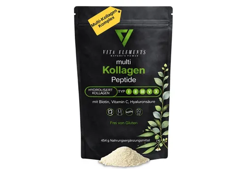Vita Elements Kollagen Peptide Typ I, II, III, V, X Pulver, 454 g, Glutenfrei ohne Gentechnik Laborgeprüft in Deutschland