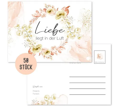 Things of Happiness Grußkarten 50 Stück Ballonkarten Hochzeit, Ballonflugkarten als Hochzeitsspiel, im Boho Stil, Postkarten Luftballons, extra leicht