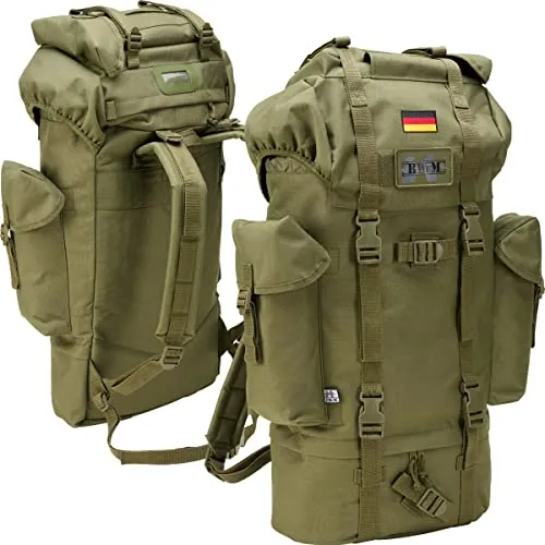 BWuM Bundeswehr Kampfrucksack 65L - Oliv mit Patch & Flagge - Hochwertiger, wasserabweisender Rucksack mit 65L Volumen, ideal für Outdoor-Aktivitäten. Inklusive Deutschlandflagge und BWuM Logo Patch, viele Fächer und Befestigungsmöglichkeiten.