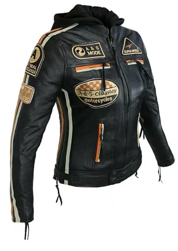 Damen Motorradjacke Lederjacke Damen Jacke mit Protektoren Lederjacke mit Kapuze Leather Jacket Biker Jacket Custom Jacke (DE/NL/SE/PL, Alphanumerisch, 3XL, Regular, Regular, Orange gestriffen)