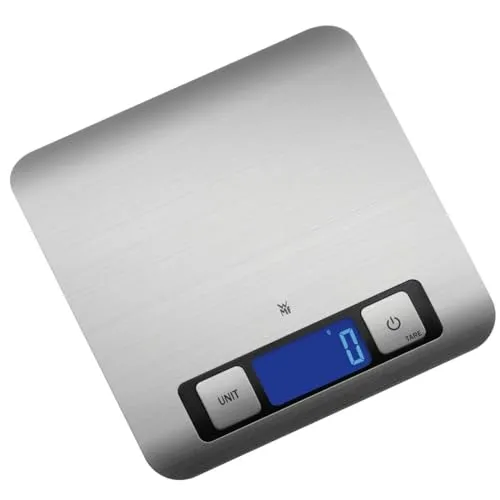 WMF Digitale Küchenwaage 5kg, präzise Backwaage aus Edelstahl - Küchenwaage mit großer Wiegefläche und Tara-Funktion, ideal für genaue Messungen bis 5kg. Hochwertiges Sicherheitsglas und große Tasten für einfache Bedienung.
