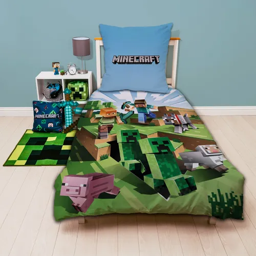 Minecraft Bettwäsche 135x200 cm mit Reißverschluss – Buntes Battle Design für Jungen - Coole Minecraft Bettwäsche für Jungen mit beliebten Figuren wie Alex und Steve. Mit Wendemotiv und 100% Baumwolle, sorgt sie für einen gemütlichen Schlaf. Waschbar bei 60 Grad, ideal für jedes Kinderzimmer!
