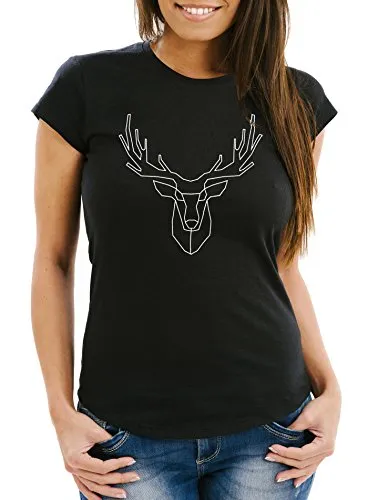 Neverless Damen T-Shirt Hirsch Polygon Geweih Geometrisch Formen Slim Fit Schwarz L