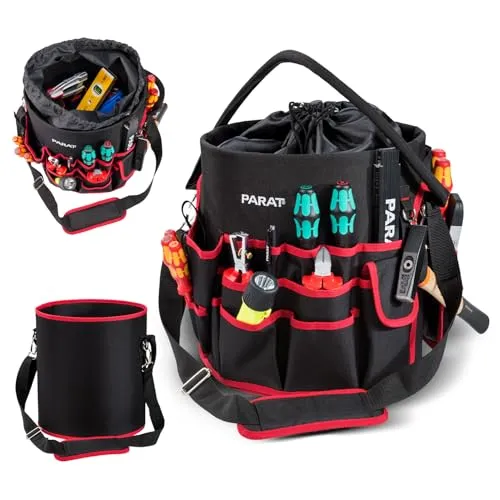 Parat Werkzeugtasche Basic Tool Bucket - Werkzeugtasche für ca. 50 Werkzeuge mit verstärktem Bodenschutz, Schultergurt und praktischen Steckfächern, ideal für Handwerker und Heimwerker.