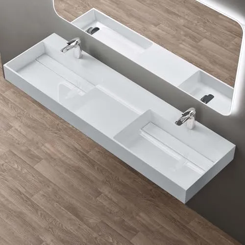 doporro Doppelwaschbecken Doppelwaschtisch 160x48x13 cm mit verstecktem Ablauf in weiß aus Mineralguss als Aufsatzwaschbecken und Hängewaschbecken geeignet Colossum12-2