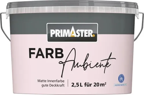 Primaster Farbambiente Wandfarbe matt rose 2,5 L - Hochwertige Wandfarbe in zartem Rosa für ein stilvolles Ambiente. Ideal für Innenräume, mit mattem Glanzgrad und einfacher Anwendung für eine gleichmäßige Farbbeschichtung.