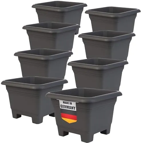 2friends Eckiger Blumentopf Groß 8er Set Anthrazit - Wetterfester & frostsicherer Pflanztopf für Garten & Terrasse, ideal für stilvolle Gartengestaltung mit optimaler Drainage und Belüftung.