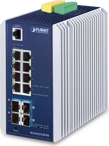 PLANET IGS-6325-8T4X Switch - L3 managed Switch mit 12 Anschlüssen, ideal für robuste Netzwerkanwendungen, unterstützt VLAN-Routing und hat eine Switching Fabric-Bandbreite von 96 Gbit/s.