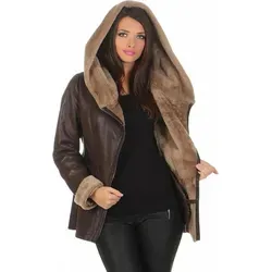Lammfelljacke mit Kapuze und Ledereinsätzen – Stilvoll & Warm in Größe L, Braun - Hochwertige Merino Lammfelljacke für Damen mit Kapuze und umkrempelbaren Ärmeln. Ideal für kalte Tage, bietet sie hohen Tragekomfort und praktische Taschen. Perfekt für stilbewusste Frauen, die Wärme und Eleganz schätzen.