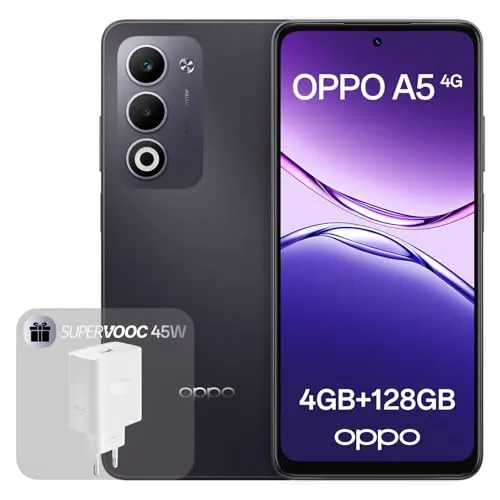 OPPO A5 4G 4GB+128GB, Entsperrtes Smartphone mit KI, 6,67-Zoll-Display mit 90 Hz, 50MP-AF-Kamera, 6000mAh-Akku, IP65-Schutz gegen Wasser und Staub, Midnight Purple (inklusive 45W-SUPERVOOC-Ladegerät)