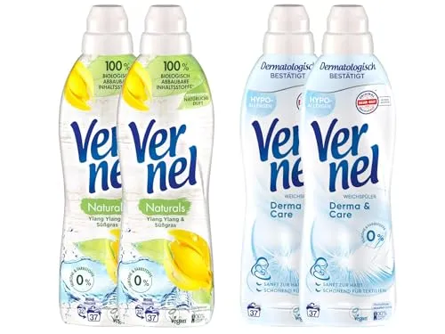 VERNEL Weichspüler-Set 4x 37 Waschladungen (148WL) 2x Naturals Ylang Ylang & Süßgras & 2x Derma & Care, sorgt für unwiderstehliche Weichheit, recycelbare Flasche