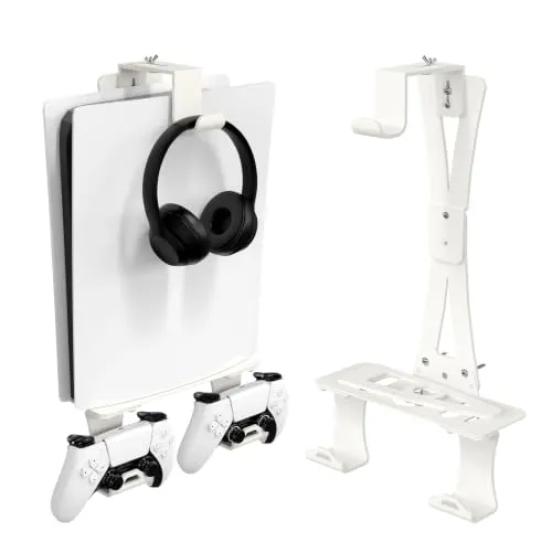 tonhui Wandhalterung für PS5/PS5 Slim/PS5 Pro mit Controller-Halterung Wand und Kopfhörer-Halterung, PS5-Zubehör aus Massiver Metallrahmen und Kunststoff-Montageteile – Weiß