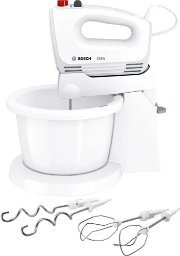 BOSCH Handmixer CleverMixx MFQ2600W - 375 W, 4 Geschwindigkeitsstufen, Turbo-Funktion und Geräteständer für müheloses Mixen in rot-weiß
