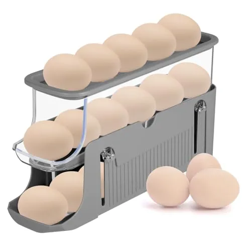 Eierspender mit 3 Etagen - Eier aufbewahrung kühlschrank 28×15×8,5cm - Kunststoff - Automatisches Rollen, platzsparend, mit Klappdeckel - Für Kühlschrank, Regale zur hygienischen Eierlagerung (Grau)