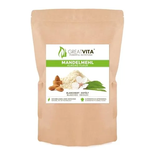 GreatVita Mandelmehl 1600g | Entölt & blanchiert, fein gemahlene Mandeln | Glutenfrei, proteinreich, ideal für Backen, Panieren & Low-Carb Rezepte