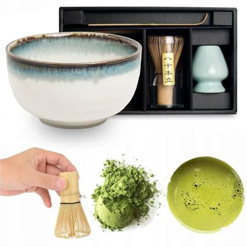 WestCraft Teeservice Matcha Set 4 tlg. – Authentische japanische Teekunst - Teeservice – Handgefertigtes Set für die perfekte Tee-Zeremonie mit hochwertiger Keramikschale, Bambusbesen und Löffel für ein unvergessliches Matcha-Erlebnis.