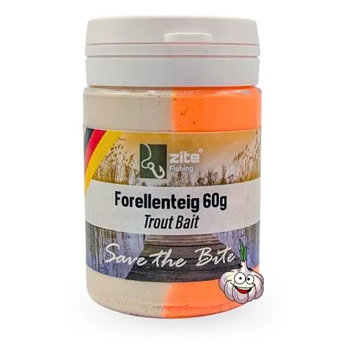 Zite Fishing Forellenteig mit Knoblauch-Aroma 60g – Fängige Forellenpaste Schwimmend als Forellenköder – Trout Bait Teigköder in knalligen Neonfarben mit Glitter, Forellen Teig (Sweet Orange)