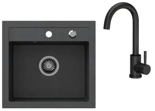VBChome Spülbecken mit Armatur 50 x 47 cm Schwarz Granit Spüle Einzelbecken Küche Einbauspüle Verbundspüle Küchenspüle gesprenkelt Spülbecken Siphon Armatur