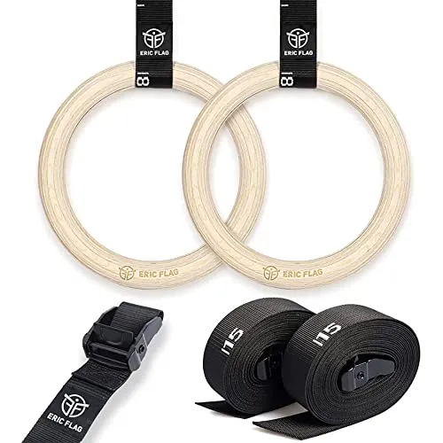 Eric Flag Turnringe Holz für Calisthenics, Gymnastik, Crossfit - Gymnastikringe mit Olympischen Maßen, Durchmesser 28 mm, 300 kg max, Abgestuften und Verstellbaren Aufhängegurten, Home Fitness