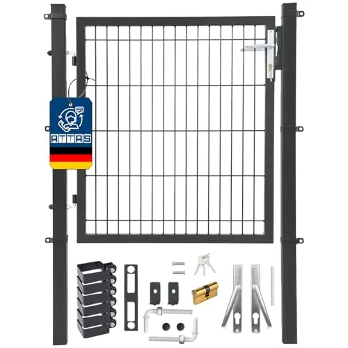 ATTAS Gartentor 100x100 cm | Anthrazitgrau - RAL7016 | Abschließbares Metalltor mit Schloss - SICHERES GARTENTOR - Mit Profilzylinderschloss und 3 Schlüsseln schützt es effektiv Garten und Hof. Robuste Konstruktion aus feuerverzinktem Stahl, pulverbeschichtet in RAL 7016, ideal für moderne und klassische Außenanlagen.