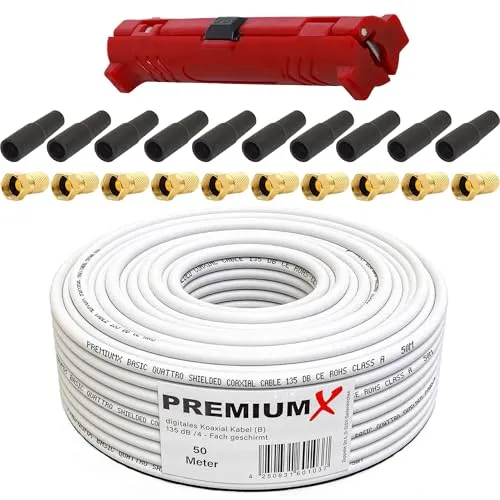 Premium X 50m Koaxialkabel 135dB - HiFi-Kabel für Sat-Anlagen, 4-fach Alu Abschirmung für hervorragenden Empfang und ideal für 4K UHD, 3D und FullHD. Perfekt für den Außeneinsatz, UV- und wetterbeständig.