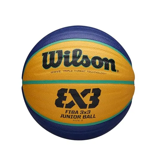 WILSON Basketball FIBA 3x3 Junior - Größe 5, gelb/blau - Indoor- & Outdoor-Trainingsball für Kinder und Jugendliche mit griffiger Wave Triple Threat Technologie, ideal zum Erlernen von Basketballtechniken.