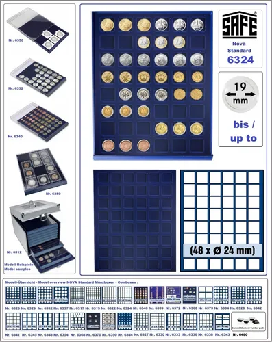 SAFE Münzboxen 6324 NOVA Standard 48 eckige Fächer 24-25mm blaue Velourseinlage
