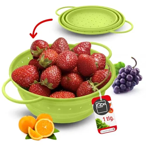 Coolinato – Sieb aus Silikon faltbar 20 cm Grün – Nudelsieb für Pasta, Gemüse & Obst - Küchensieb spülmaschinenfest, BPA-frei, & hitzebeständig bis 230°C - Platzsparendes Abtropfsieb zusammenklappbar