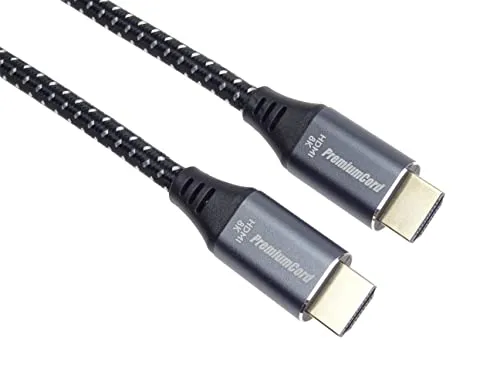 PremiumCord 8K Ultra High Speed ​​HDMI 2.1 Kabel M/M 48Gbps mit Ethernet, Videoauflösung 8K@60Hz, Deep Color, 3D, EDID, ARC, HDR, 3X geschirmt, Textilkabel Geflecht, Vergoldet, Länge 1m