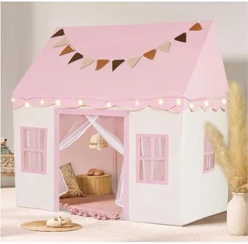 Kinderzelt für Drinnen mit Verdickten Krabbelmatte Kugellichtern und Wolkenornamenten,Spielzelt Kinder Indoor Pink und Weiß