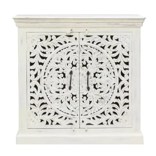 Sideboard Benisha Indische Kommode aus Mangoholz mit Schnitzerei Oriental Schlafzimmer Weiß Whitewash 90 cm