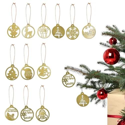 Weihnachtsanhänger mit Jute Schnur Gold im 12er Set