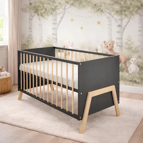 Baby-Delux Babybett Juna 60x120 cm Anthrazit mit Kokos-Buchweizen Matratze - Modernes Babybett aus robustem Kiefernholz, höhenverstellbares Lattenrost und inklusive hygienischer Kokos-Buchweizen Matratze. Ideal für eine sichere Schlafumgebung im Babyzimmer.