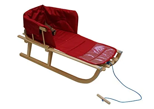 Holzschlitten für Kinder mit Rückenlehne Rodelschlitten Davoser Schlitten aus Holz mit einem Sicherheitsgurt, Rückenlehne und Winterfußsack (Natur/Rot Matratze)