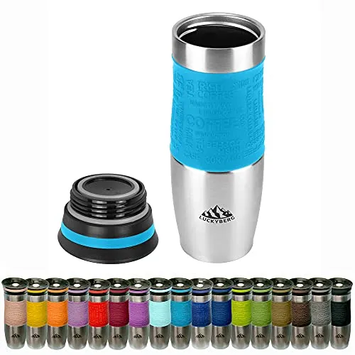 Luckyberg Vakuum-isolierter Reisebecher, Thermoskanne, einhändig offen zum Trinken, doppelwandig und auslaufsicher für heißes und kaltes Getränk (Hellblau, 480 ml)