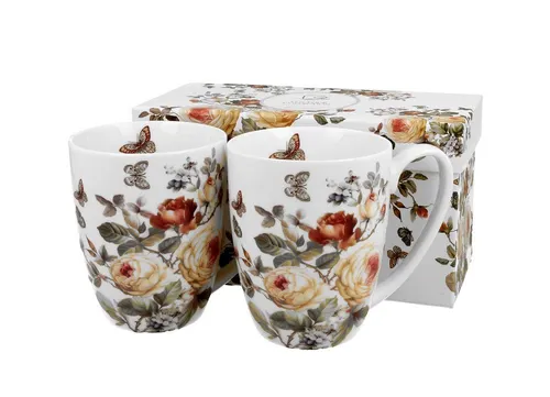 Duo-Gift Becher 2er Set Mug / Tee/KaffeeTasse /Bluimen / Tiere / Planzen, 2-tlg., Porzellan Sommer Blumen / Schmetterling - Ein Set mit zwei 360-ml-Bechern klassische Tassen ZAHRA, Kollektion, mit Geschenkbox / Ideal als Geschenk