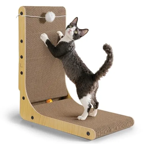 Gimars Hohe 47cm L förmige Kratzbrett Katze mit Ball, Vertikaler kratzpappe für Katzen, Langlebiges Katzenkratzbrett, Katzenspielzeug zum Schutz von Möbeln und Sofas, Groß