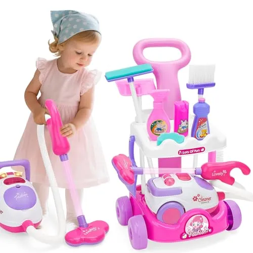 deAO Kinderstaubsauger Set mit Saugfunktion, 11-teiliges Putzset Kinder mit Wagen, Spielzeug Staubsauger mit Sound