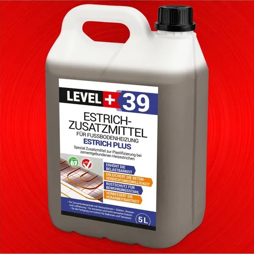 Fussbodenheizung Estrichzusatzmittel 5L Heizestrich Zementestrich Level+ RM39 - Estrichzusatzmittel für optimale Wärmeleitfähigkeit, ideal für effiziente Fussbodenheizungen. Gebrauchsfertig und einfach zu verarbeiten.