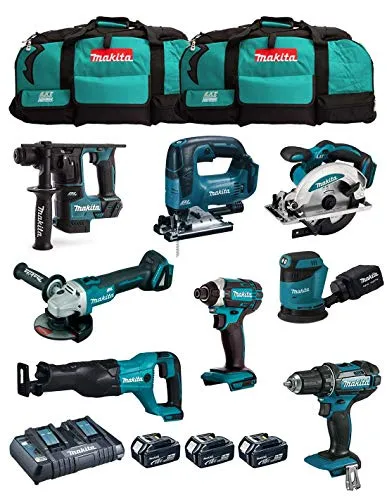 Makita MK801: 8-teiliges 18V Profi-Werkzeug-Set (DDF482, DHR171, DGA504, DTD152, DJV182, DSS610, DJR186, DBO180) mit 3x 5,0 Ah Akku, Ladegerät und 2x LXT600 Trolley