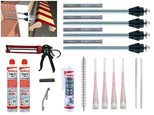 Fischer Thermax Befestigungsset 4 x 16/170 M12 Hochleistungsmörtel FIS V 300 T Multi Kleb und Dichtstoff KD-290 Zylinderbürste Kartuschenpistole