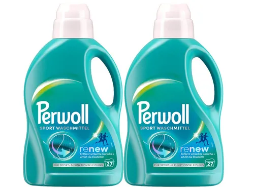 PERWOLL Sport Waschmittel 2x 27 WL - Waschmittel für Sport- und Funktionskleidung, entfernt Gerüche und erhält die Elastizität dank Dreifach-Renew-Technologie.
