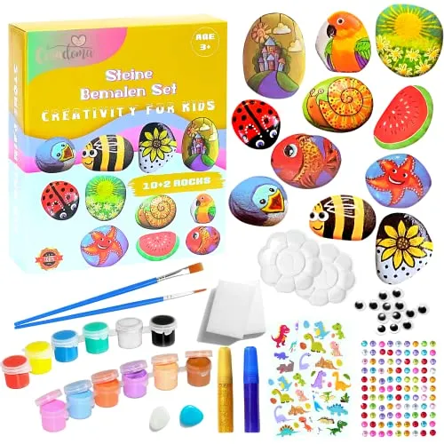 Coradoma Steine zum Bemalen DIY Set mit 10+2 Steine | Bastelset Kinder ab 3 Jahre Junge und Mädchen Geschenke Kindergeburtstag | Rock Paint Kit mit Aufkleber und Stifte für Kreatives Malen