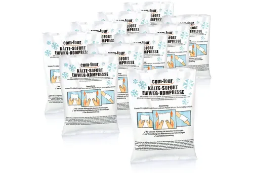 com-four® 10x Einweg Kälte Sofort-Kompresse 21 x 15 cm - Schnelle Kühlung für Erste-Hilfe - Praktische Einweg-Kältekompressen für sofortige Kühlung bei Verletzungen oder für Erfrischung beim Camping. Ideal für die schnelle Anwendung und kühlend für 20 bis 30 Minuten. Lieferumfang: 10 Stück.