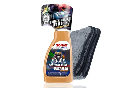 autopflege Auto Lackpflege Set SONAX Xtreme Brilliant Shine Detailer Lackreiniger (2-St. 500ml + Poliertuch 600 GSM 40x40cm für Wasserabperleffekt)
