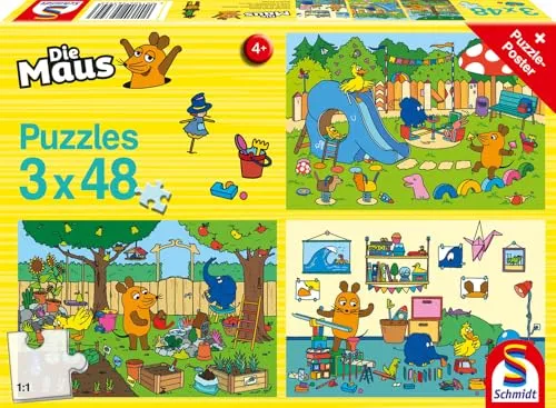 Schmidt Spiele 56394 EIN Tag mit der Maus, 3x48 Teile Kinderpuzzle, bunt