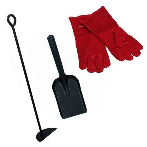 D Asche Rechen Schaber, Schaufel & Handschuhe Holzofen Feuer Kohle Stahl Meta...