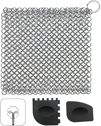 Gusseisenreiniger für Dutch Oven, 18x18cm, Grill Bürste Reinigungsset für Woks, Grillpfannenoder und Teekanne Glas, Edelstahl Kettenschrubber mit Kunststoff Grillschaber und Selbstklebende Haken