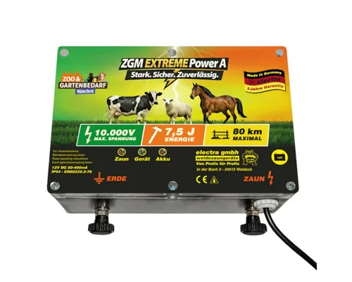 Electra Weidezaungerät Extreme Power A, 12V DC – Mobil und leistungsstark - Kraftvolles 12V Weidezaungerät mit 7,5 Joule Ladeenergie. Ideal für mobile Anwendungen ohne Netzanschluss. Hohe Qualität „Made in Germany“ für zuverlässige Sicherheit Ihrer Weidetiere.